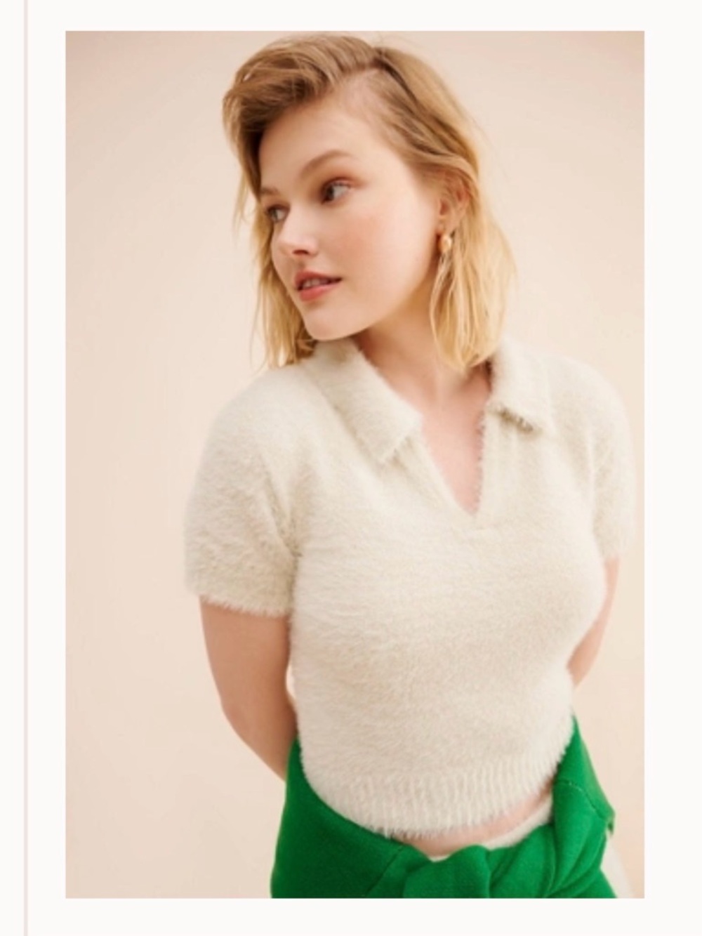 ALOHAS Fuzzy Knit Polo Sweater Cream Short Sleeve Soft Cropped Cozy Top